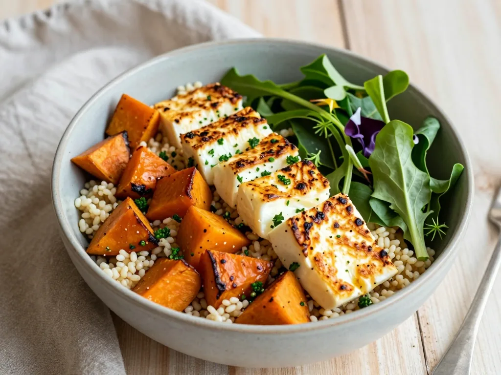 Couscous Salat mit Süßkartoffel & Halloumi