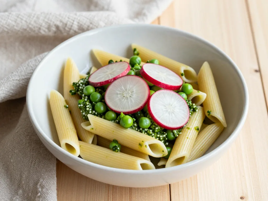Frühlingspasta mit Erbsenpesto und Radieschen