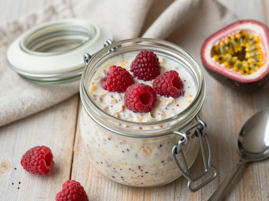 Kokos Overnight Oats mit Himbeer-Maracuja-Topping