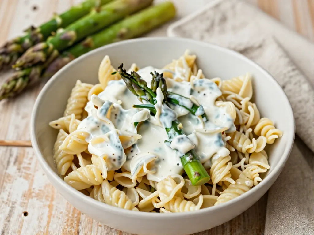 Pastasalat mit grünem Spargel und Joghurt-Dressing