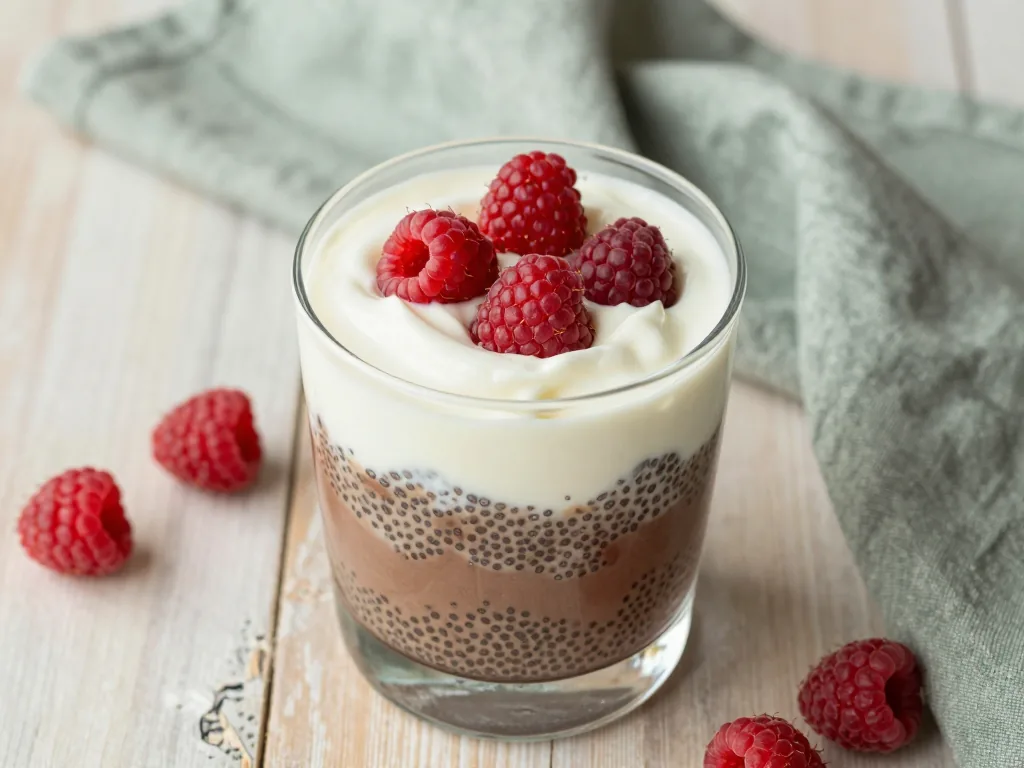 Schoko-Chiapudding mit Vanille-Skyr und Himbeeren