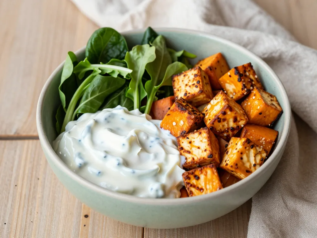 Süßkartoffel Bowl mit Tofu und Joghurt-Dip