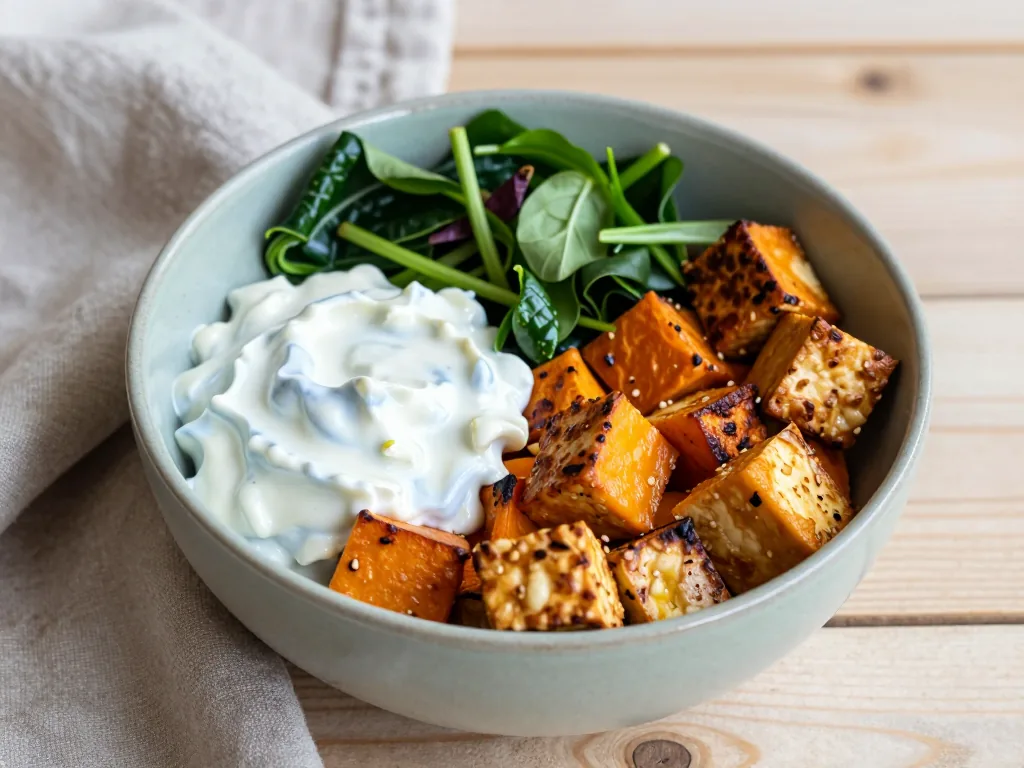Süßkartoffel Bowl mit Tofu und Joghurt-Dip